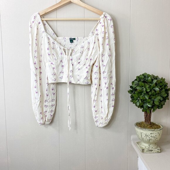 wild fable Tops - Wild Fable Ivory & Lilac Purple Floral Crop Long Sleeve Top Size X-Small